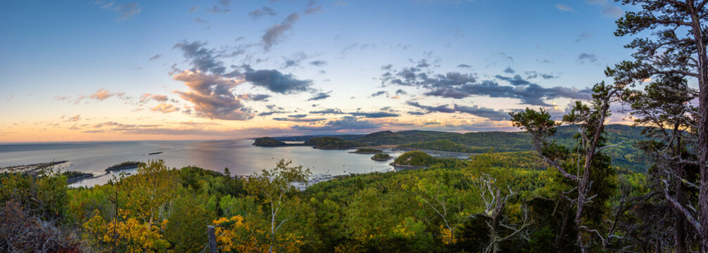 Stunning panorama of the souther coast of the Gulf of St. Lawrence from the mopuntains of the Bic National Park (parc national du bic), Quebec, Canada