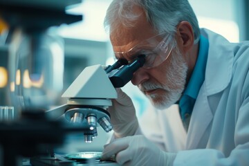 Scientist examining samples under a microscope in a modern laboratory setting during daytime
