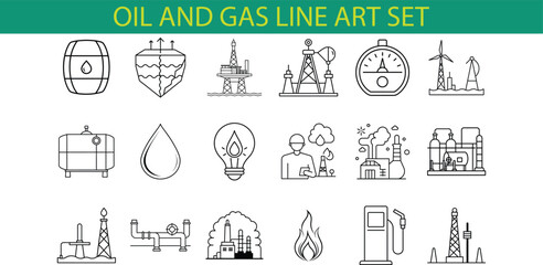 A set of 18 line art icons representing various aspects of the oil and gas industry, including barrels, pumps, refineries, and energy symbols.