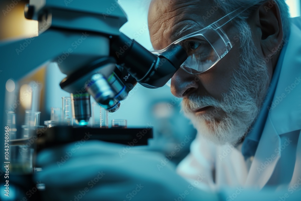 Aufkleber a scientist observing samples under a microscope in a modern laboratory setting during evening hours