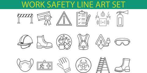 A set of 18 line art icons depicting work safety equipment and signs. These icons include a hard hat, safety glasses, gloves, boots, and a fire extinguisher.