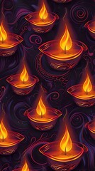 A vibrant pattern of glowing oil lamps against a dark background.