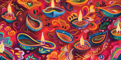 A vibrant pattern of decorative lamps and intricate designs, symbolizing celebration and light.