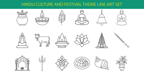 A set of 18 line art icons depicting various aspects of Hindu culture and festivals, including religious figures, symbols, and objects.