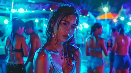 A vibrant nightlife scene featuring a woman amidst a lively party atmosphere.