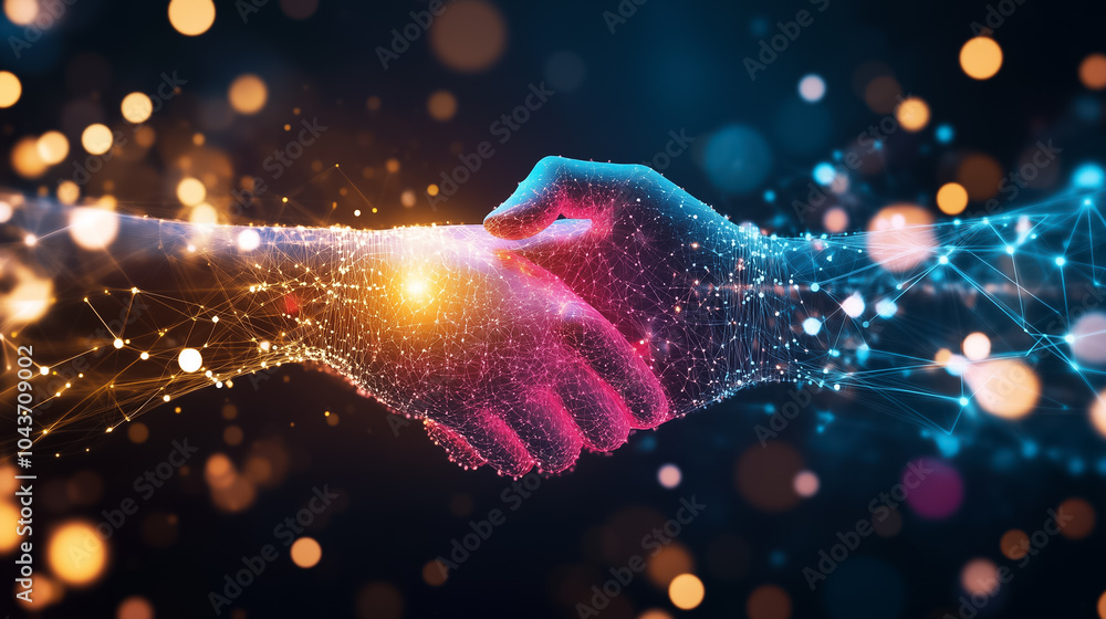 Poster devices connect and share data through a handshake, illustrating the concept of digital collaboratio