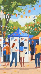 A vibrant outdoor festival scene with tents, people, and colorful decorations.