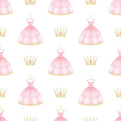 pink dress and golden crown. Watercolor seamless pattern on white background for textile and wrapping paper in pastel colors