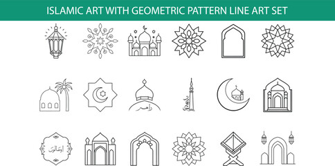 A collection of 18 Islamic art icons featuring geometric patterns, mosques, arches, and other symbols in a minimalist line art style.