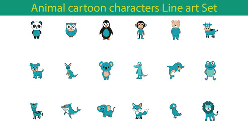 Fototapeta premium A set of 18 blue cartoon animal characters drawn in a line art style. Each character is simple and cute, and they include animals such as a panda, owl, penguin, monkey, bear, cow, dog, kangaroo, croco
