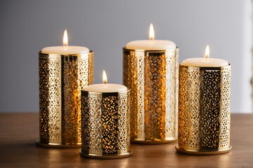 Four golden metal candle holders with white candles in them are arranged on a wooden table.