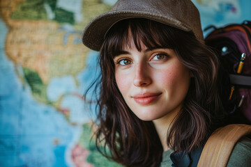 Selective focus geographer man in front of map poster, Portrait of geographer with earth mapping.