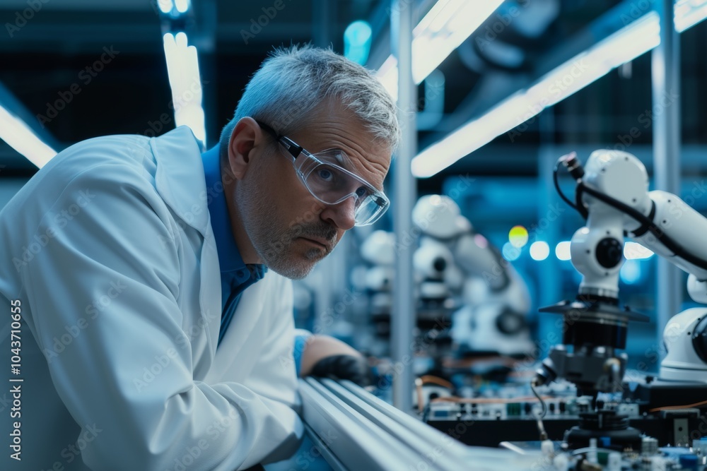 Poster a scientist in a lab coat analyzes robotic technology during an advanced manufacturing process in a 