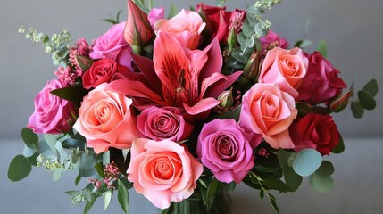 Naklejka premium Elegant Assortment Vibrant Pink and Red Rose Bouquet