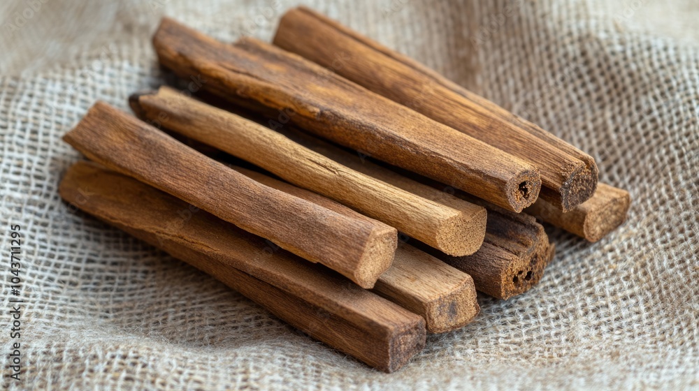 Aufkleber close up view of a pile of cinnamon bark sticks arranged on a textured fabric surface
