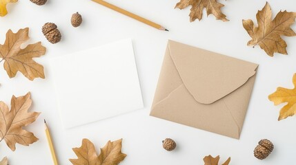 Autumn themed greeting card mockup for holiday invitations featuring a blank postcard craft envelope pencil and scattered yellow oak leaves and acorns on a white surface Top view