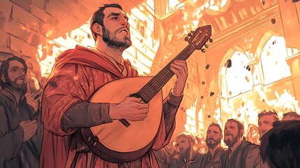 Medieval Bard Playing Lute in Captivating Scene