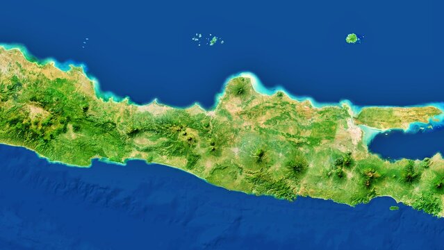 8K Java Island Map Of Indonesia, High Resolution Satellite View With No Border, Widescreen 4K Resolution