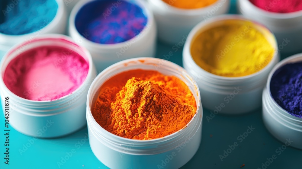 Poster assortment of vibrant powders in small containers on a table with space for text or branding
