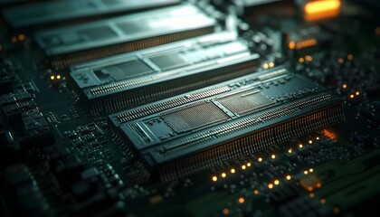 Fototapeta premium A close-up shot of computer motherboards and chips, arranged in rows on the table. The background is dark with soft lighting.