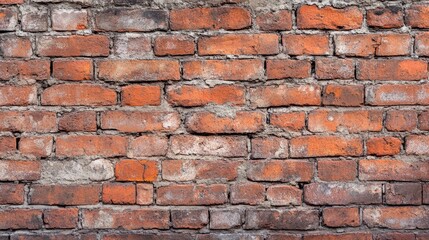 Fototapeta premium Weathered red brick wall background featuring a panoramic view showcasing cracks and stains ideal for vintage design and decoration purposes