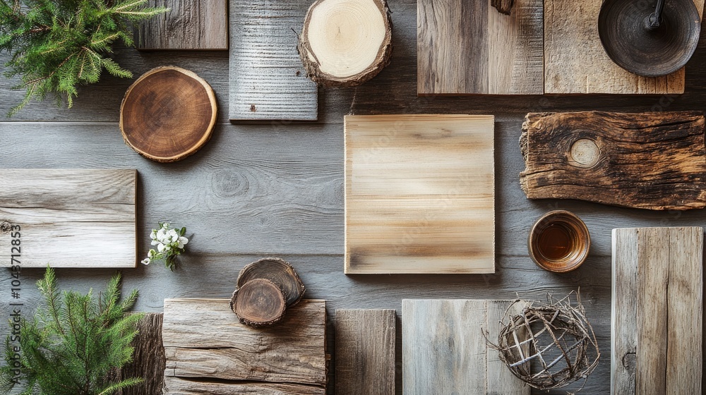 Poster a delightful flat lay showcasing rustic wood elements with plenty of negative space offering a warm 