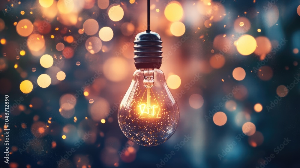 Poster hanging light bulb surrounded by bokeh effects and an abstract backdrop symbolizing creativity and i