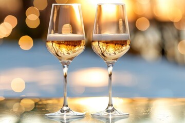 Two glasses of sparkling wine with golden holiday lights in the background capturing the celebratory spirit and warmth of Christmas and New Years festivities