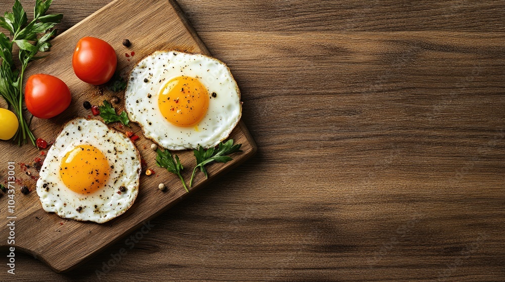Poster savory fried eggs with vegetables arranged on a wooden surface captured from above with ample space 