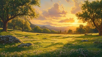 Obraz premium Sunset casting beams of light over a spring green field adorned with rockrose and holm oaks in a serene pasture