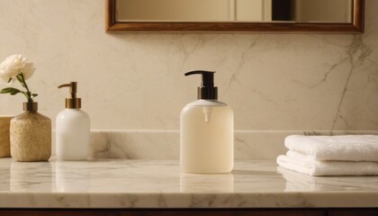 Stylish bathroom countertop with elegant soap dispenser and fresh decor items