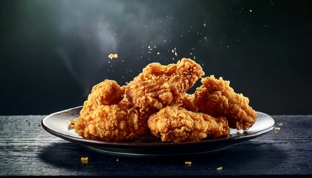 A plate of hot and crispy double fried chicken; food photography; delicious fried chicken thighs and drumsticks on a plate; selective focus; blurred background; tasty and crunchy fried food