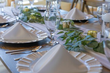 Elegant table setting with white napkins and greenery.