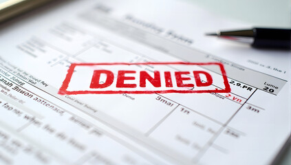 Red denied stamp on employment application form closeup, red ink, official form