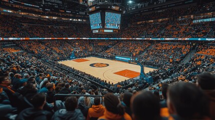 A large crowd of enthusiastic fans fills the arena, all dressed in team colors, eagerly watching the basketball game unfold on the court below.