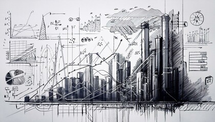A hand drawn or sketch of buildings and notes and graphs on a piece of paper; an illustrative sketch of graphs with buildings and scribble of notes everywhere on the document; sketch illustration