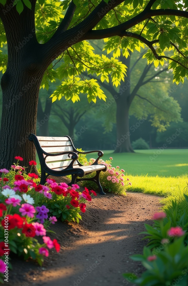 Poster a park with a bench under a tree and flowers in the background