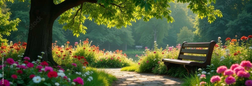 Poster a park with a bench under a tree and flowers in the background