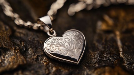 Intricate Details of Personalized Laser Engraving on a Silver Heart Pendant