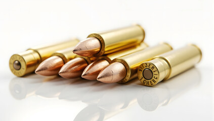 Fototapeta premium Close-up of isolated shotgun shells on a white background, Brass bullet casings