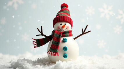 Obraz premium Whimsical Christmas snowman with a cozy scarf and hat, standing on a pristine white background, evoking a festive and joyful holiday spirit
