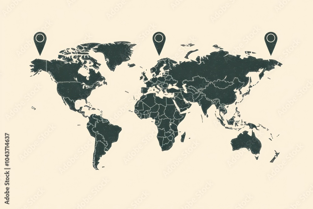 Aufkleber a world map outline highlights key travel destinations with map pins, inviting exploration of divers