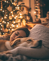 Obraz na płótnie Canvas Cozy winter nights a serene moment of connection between a woman and her dog amidst festive lights