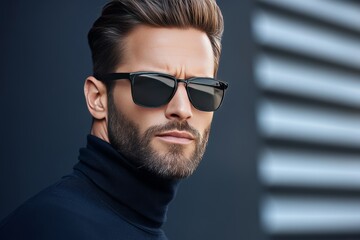 Obraz premium Confident man in black sunglasses and a turtleneck standing against a modern architectural backdrop emphasizing the clean lines and sleek style of urban winter fashion