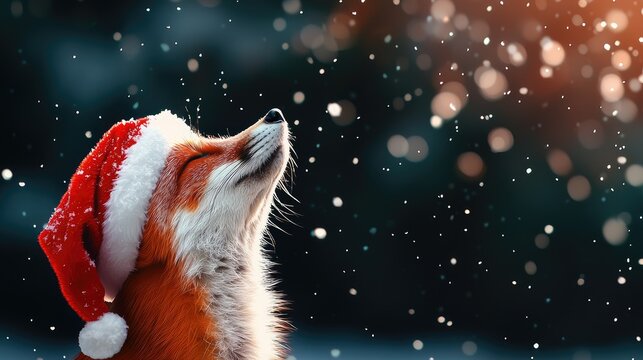 Christmas Background, A fox wearing a Santa hat enjoying winter snowfall in a magical atmosphere.