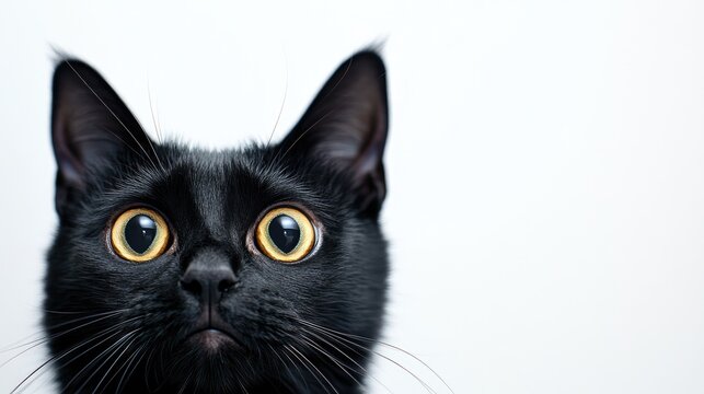 Close up of a startled black cat with wide open eyes against a white background conveying surprise and shock Space available for text related to pricing or shopping events
