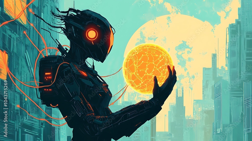 Poster futuristic robot with glowing sphere in urban setting