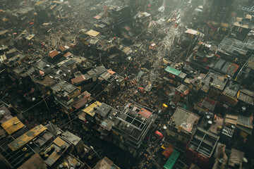 Fototapeta premium cityscape, futuristic, aerial overview of a crowded slum, narrow alleyways, scifi, numerous buildings, ghetto, extreme overpopulation, photorealistic