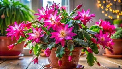 Fototapeta premium Vibrant Christmas Cactus in Bloom - Beautiful Holiday Plant Photography for Home Decor and Gardening Inspiration