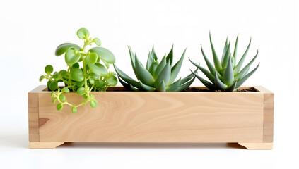 Modern wooden planter box with vibrant green foliage, Small leafy herbs, Indoor gardening
